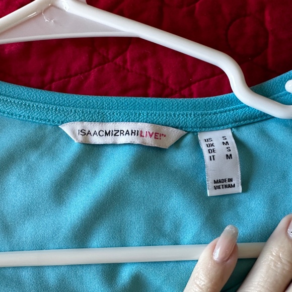 Isaac Mizrahi Pebble Knit Top with Scoop Neck & Lace Sleeves - Fresco Blue NWOT - Picture 4 of 8